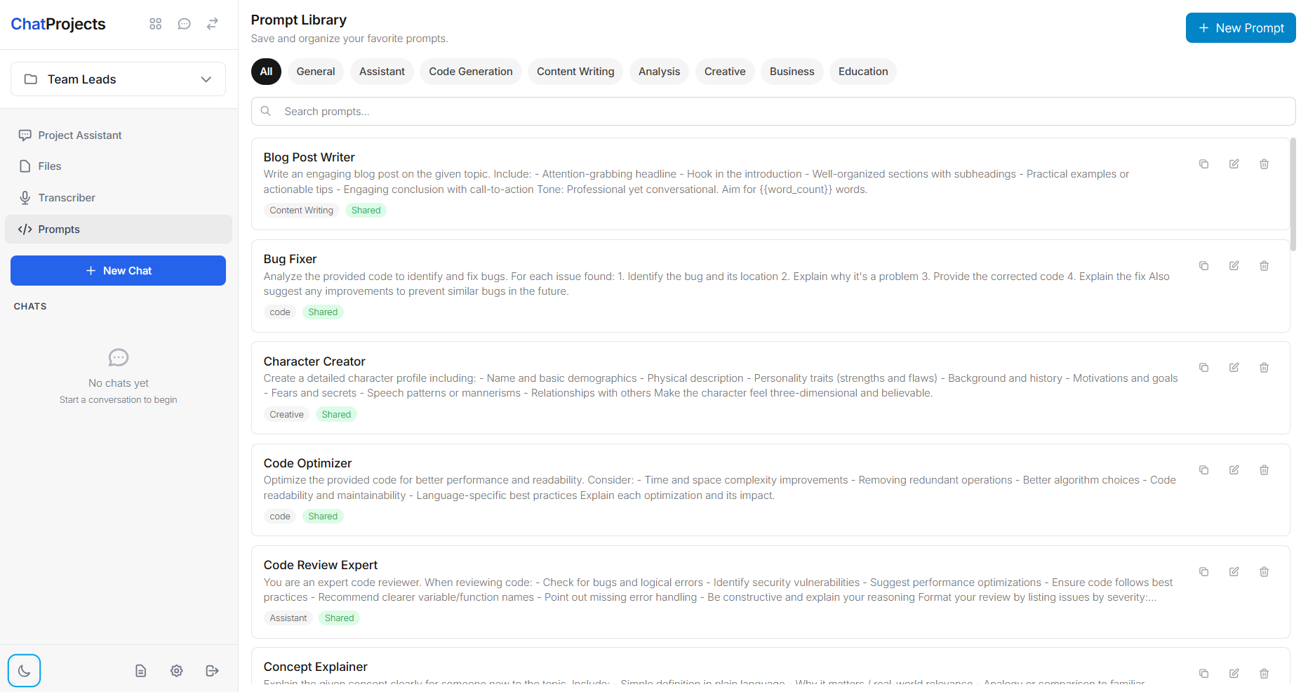 ChatProjects Interface - Prompts